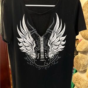 Black T-Shirt with Guitar and Wings Design